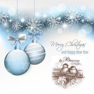 Christmas card with hanging baubles, snowflakes, stars, glitter and blurred circles. Happy New Year vector illustration.